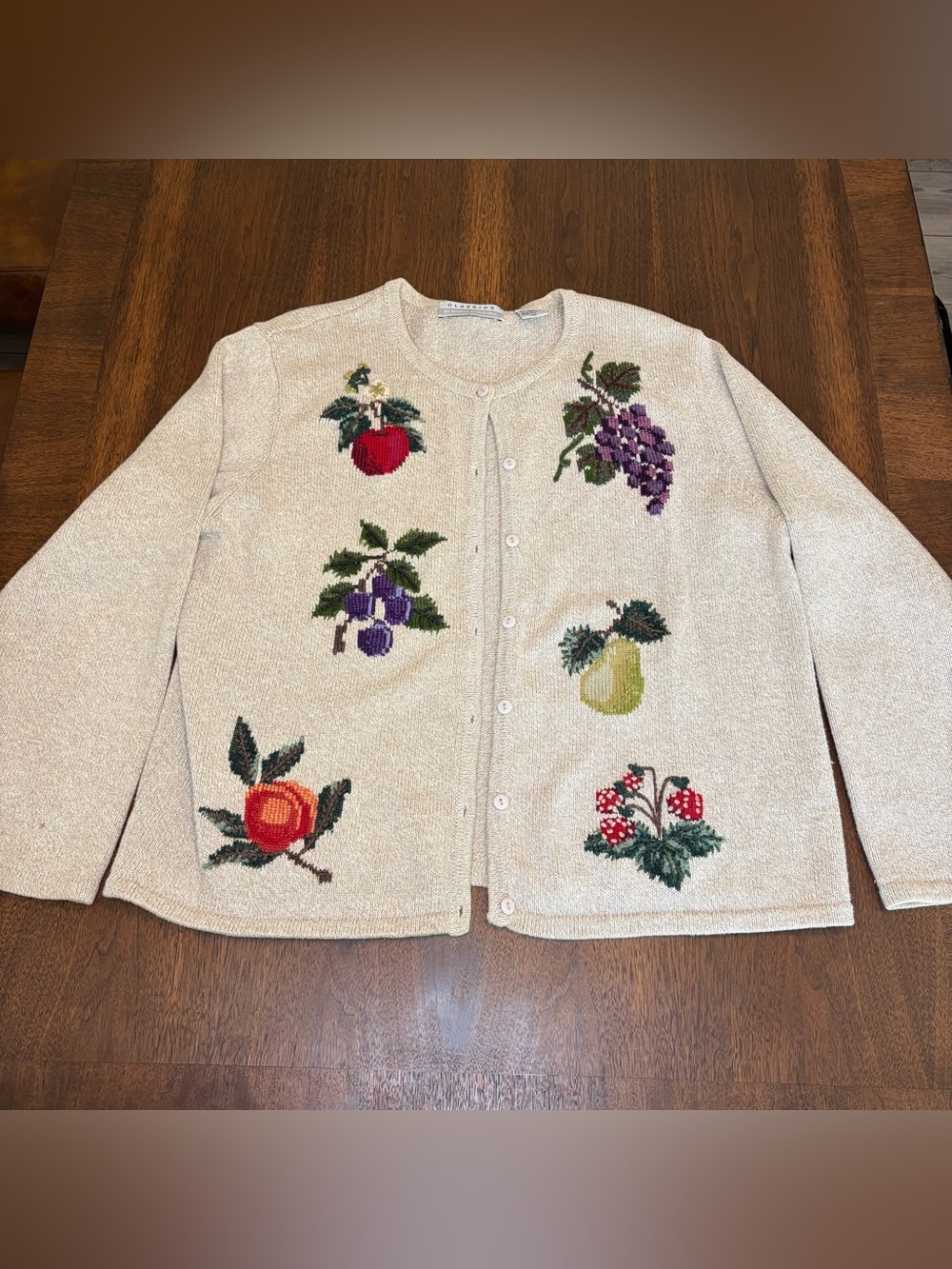 Vintage Marisa Christina Women’s Crewneck Knit Cardigan Sweater XL Beige Fruit